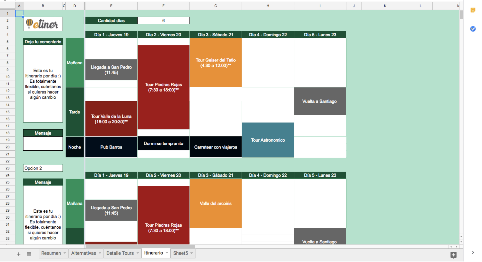 Google Sheet de Etiner con un itinerario de experiencias para San Pedro de Atacama