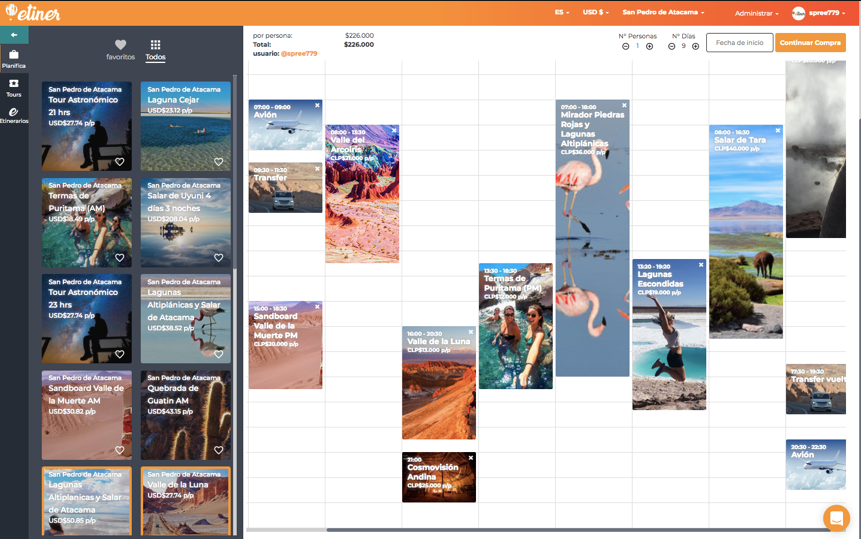 Primera plataforma de Etiner con experiencias de viaje organizadas en un calendario