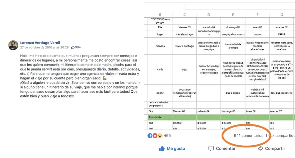 Publicación de Facebook con la que validamos interés por itinerarios antes de construir Etiner