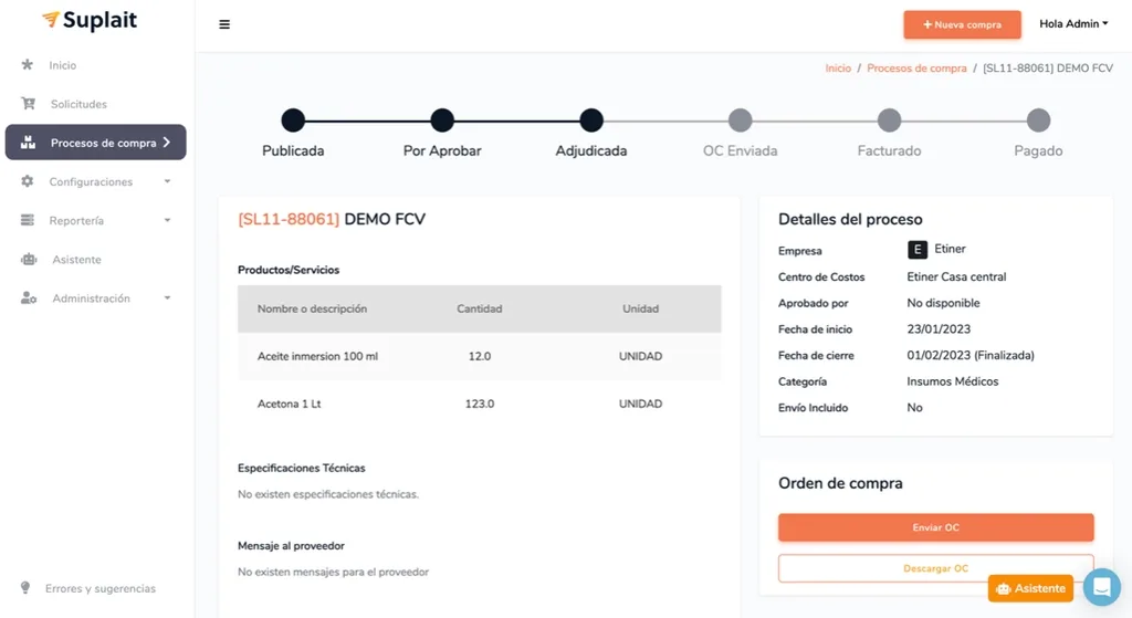 Interfaz original de Suplait para procesos de compra y proveedores