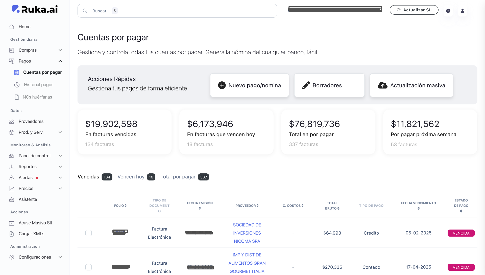 Interfaz del sistema de cuentas por pagar de Ruka mostrando gestión automática de facturas y planillas bancarias