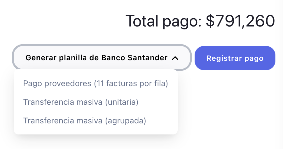 Pantalla de generación automática de planilla bancaria con filtros de facturas y exportación directa