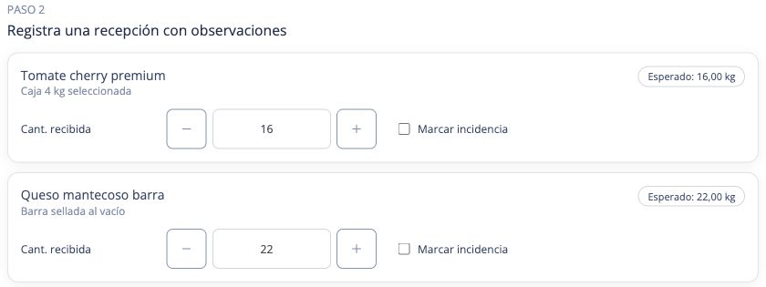 Demo de recepción: tomate cherry, esperado 16 kilos, y queso mantecoso, esperado 22 kilos, con campos de cantidad recibida e incidencia.