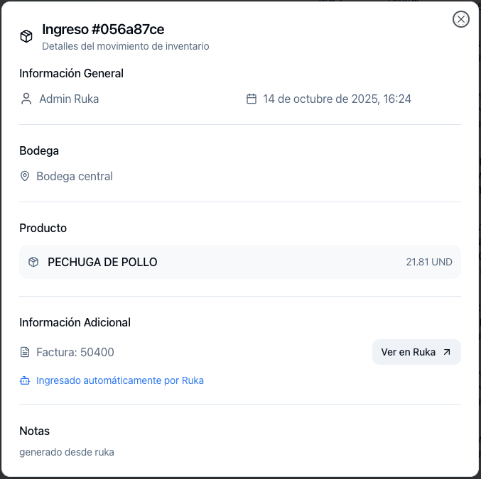 Modal mostrando ingreso automático de productos por Ruka desde factura de compra