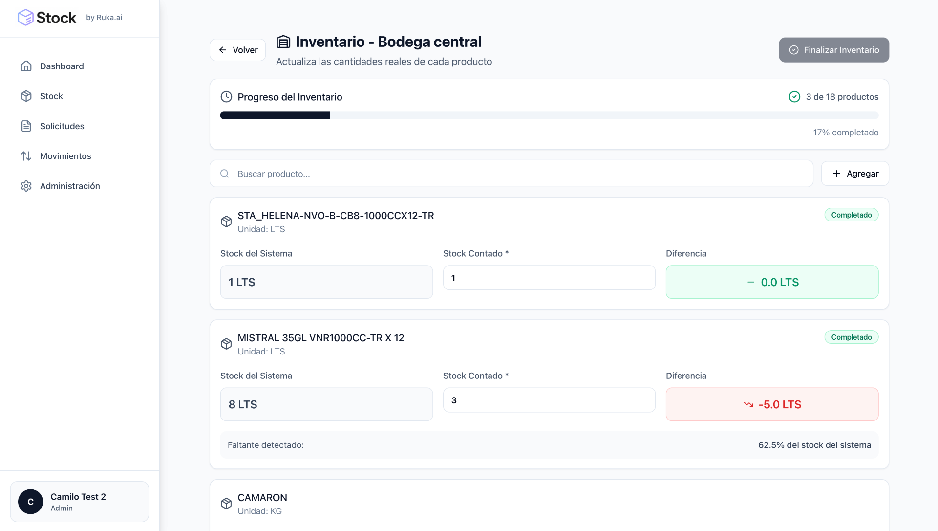 Interfaz del sistema de gestión de stock e inventario de Ruka mostrando inventario de bodega central